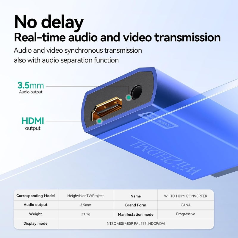 GANA Wii to HDMI Converter Adapter with Hdmi Cable Connect Wii Console to HDMI Display in 1080p Output Video with 3.5mm Audio Supports All Wii Display Modes Blue - Image 2